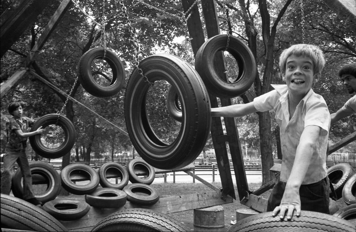 Fernando at a tire swing in the Lower East Side, 1975.