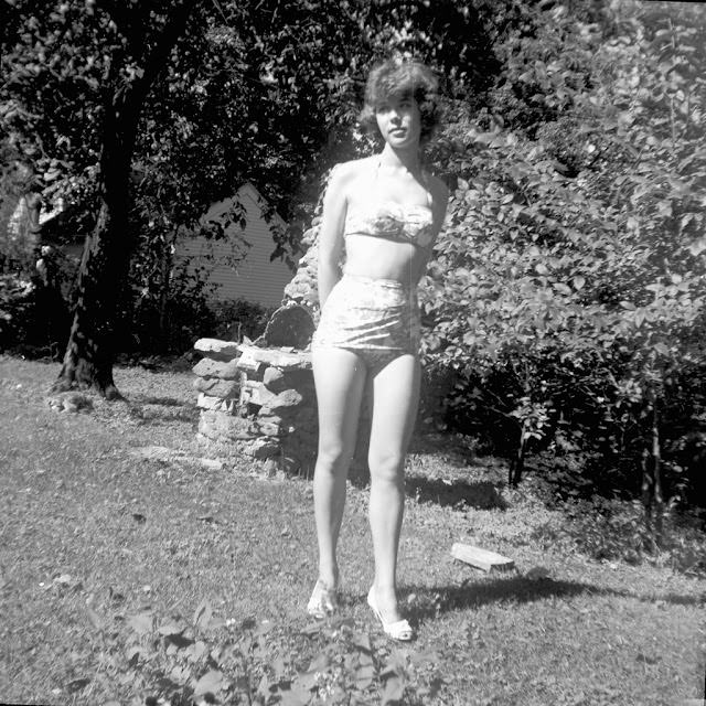 Birthday girl in bathing suit, October 1960.