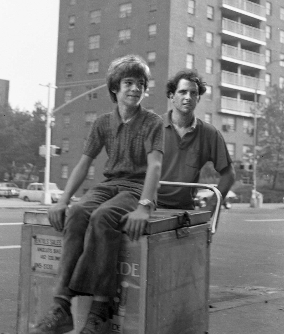 Fernando and Rich on a cart bike, 1975.