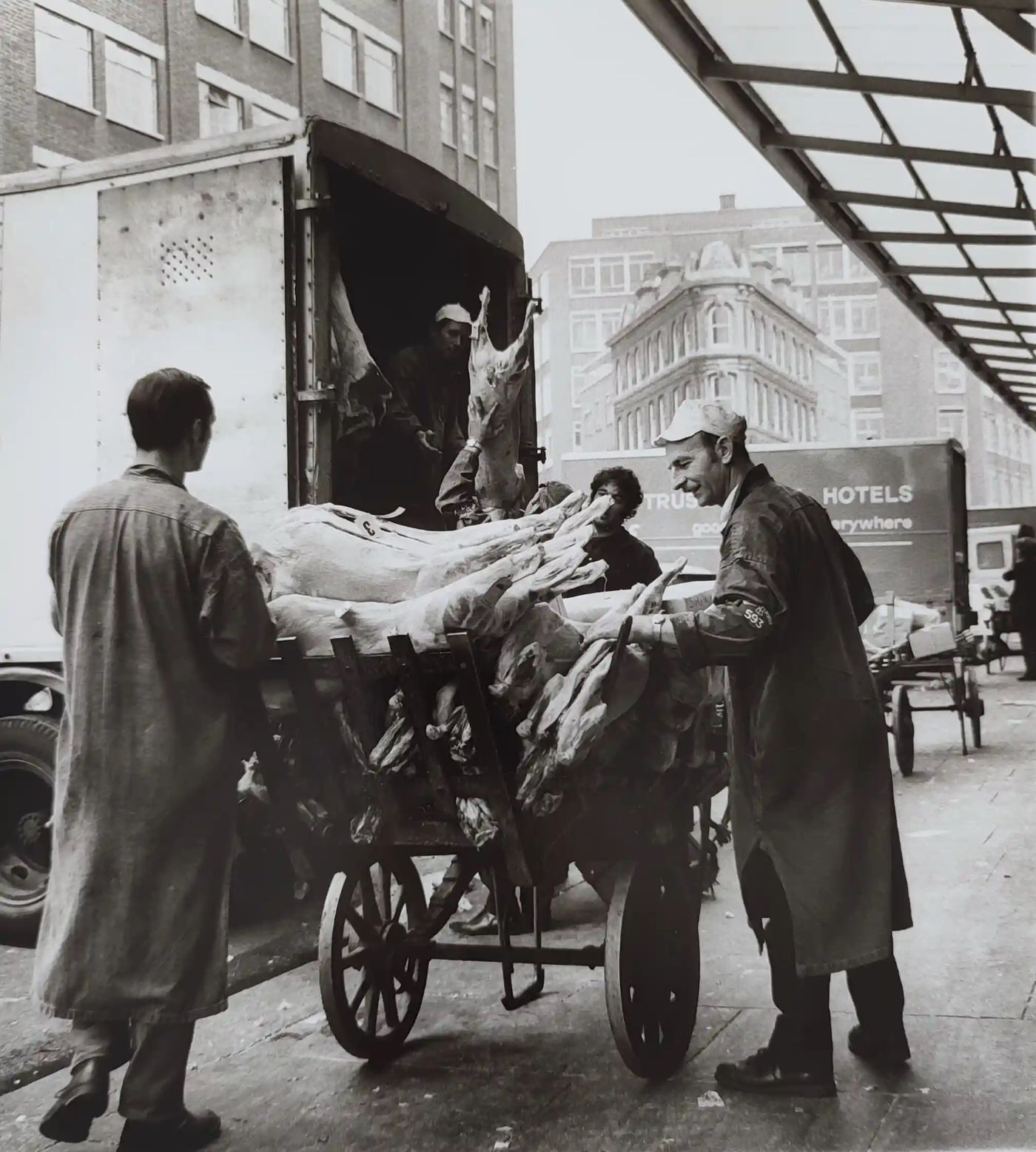 Butchers at Smithfield Market, London, 1970s