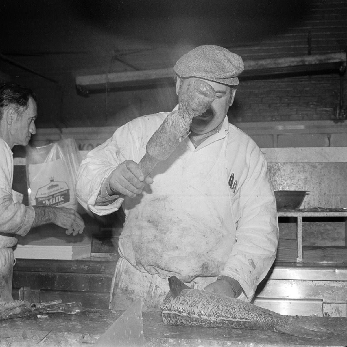 Slicing fish at Essex Street Market, 1978