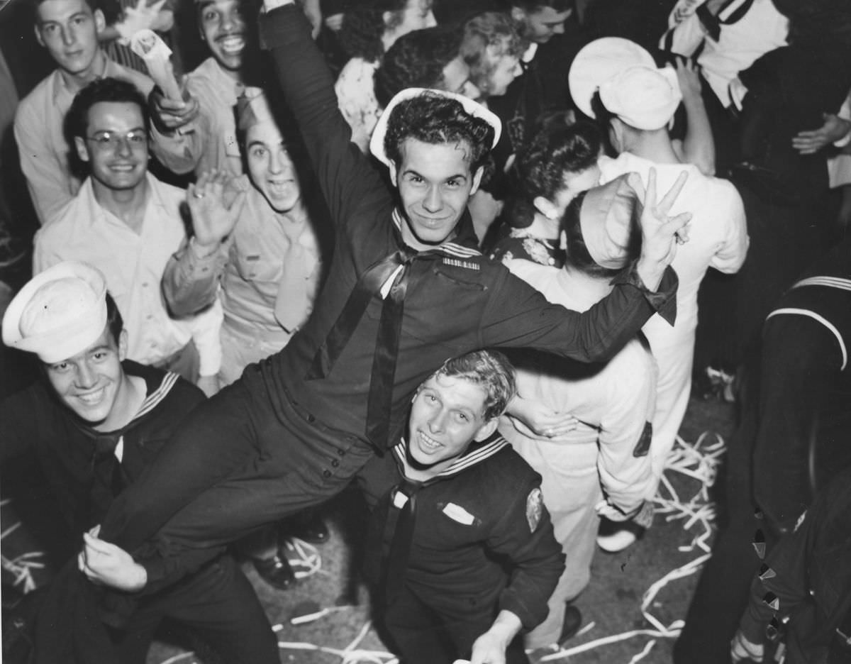 Sailors celebrate VJ Day, 1945.
