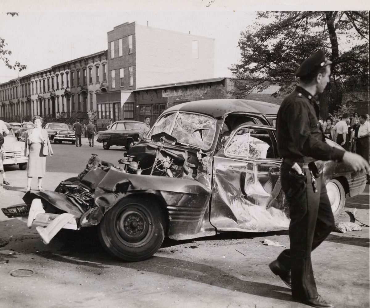 A car and truck collide in Brooklyn, 1947.