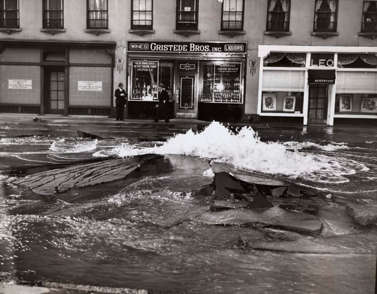 Water main burst uproots Madison Avenue, 1945.