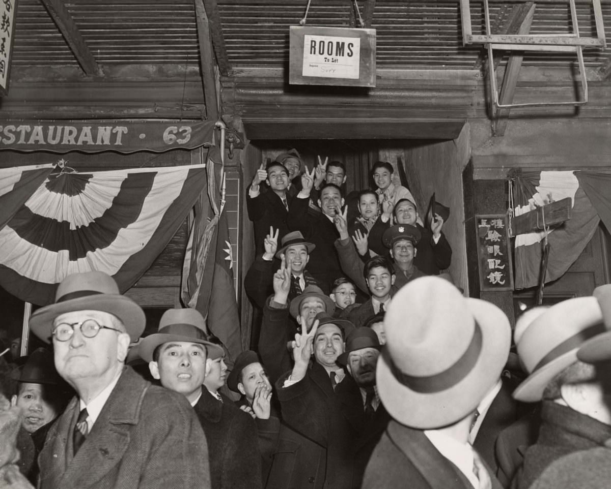 Victory in Europe day celebrated in Chinatown, 1945.