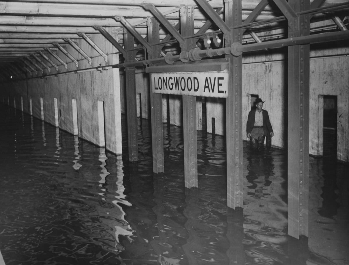 A flood stops the Bronx subway, 1941.