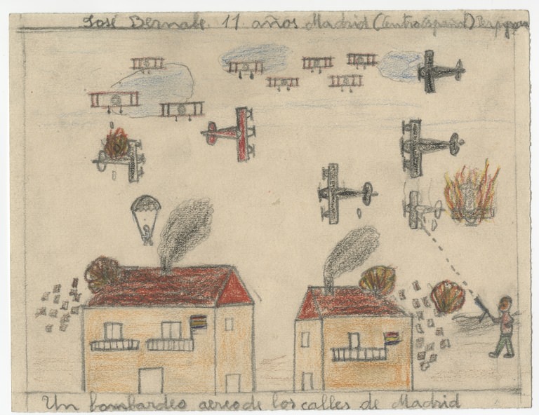 José Bernabe, age 11, Madrid (Spanish Center), Perpignan. An aerial bombing of the streets of Madrid