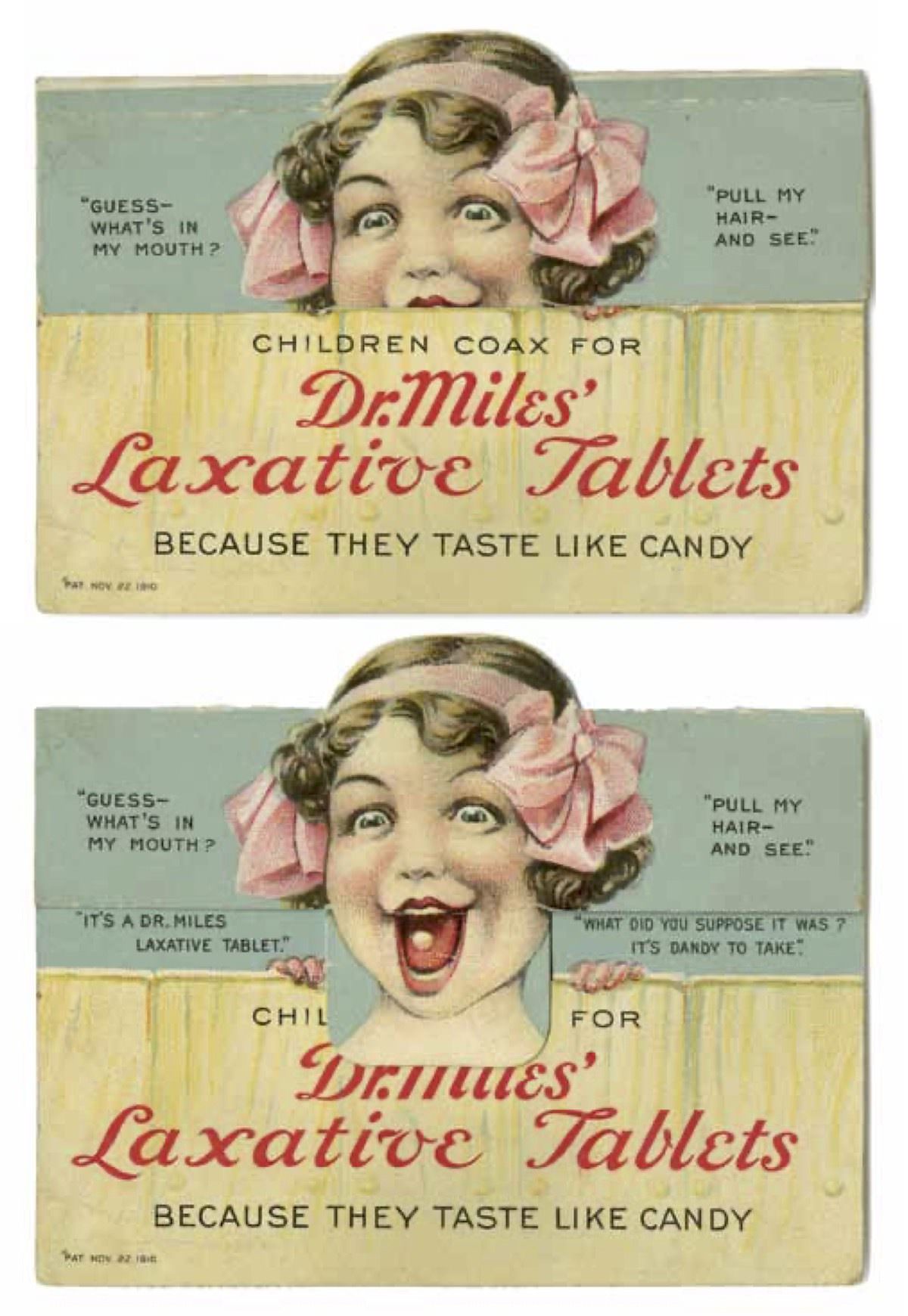 dr. Miles’ Laxative Tablets movable, die-cut advertising novelty card (elkhart, Indiana, ca. 1910). above, reverse side of the card; opposite, the front of the card, lowered and raised