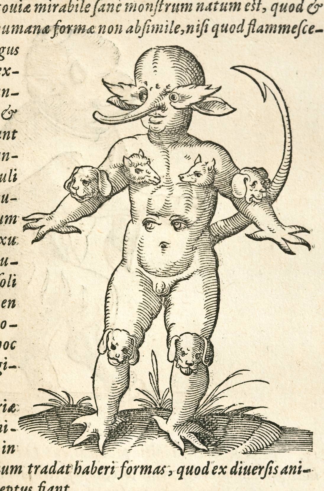 The widely reported 1547 “Monster of Crackow,” a child apparently born with a devilish face and tail, claws instead of hands, eyes on his stomach, and animals heads growing from his elbows, knees, and chest. De conceptu, fol. 43 recto.
