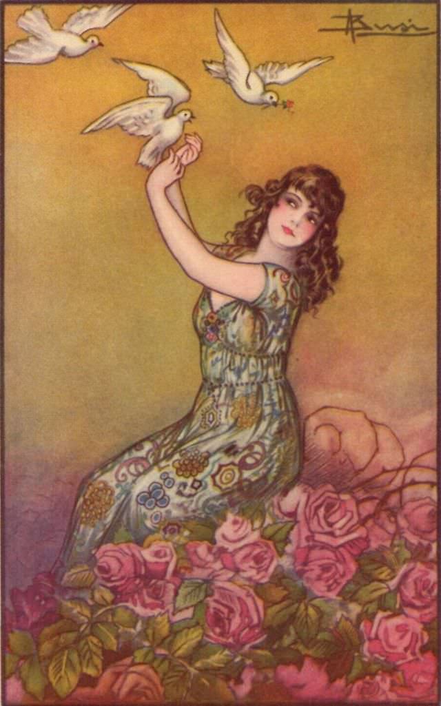 Pretty lady with doves, circa 1920s