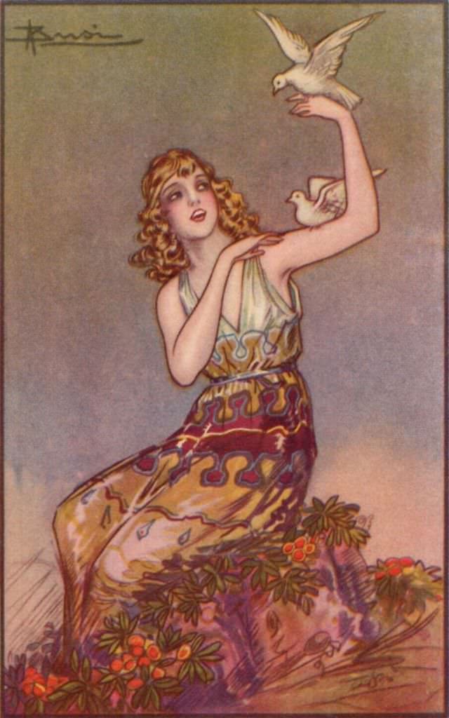 Pretty lady with two doves, circa 1920s