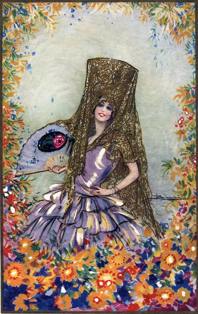 Spanish lady in flowers, circa 1920s