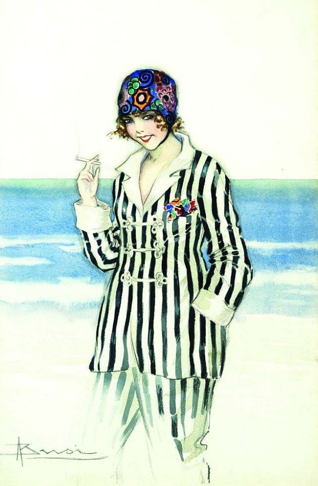 Girl on the beach with cigarette, circa 1920s