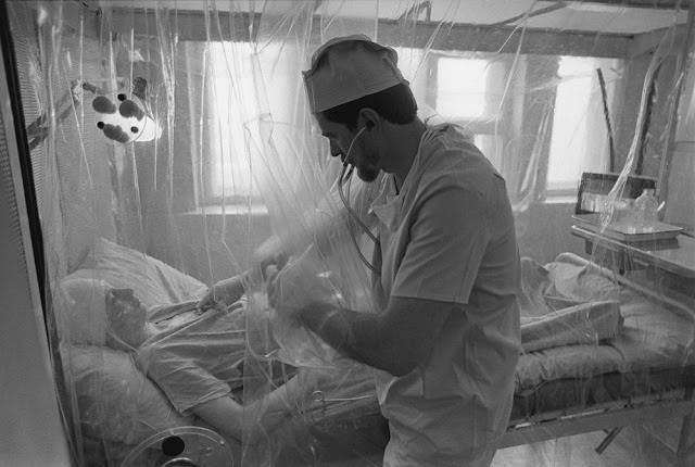 At Moscow’s No. 6 clinic, which specializes in radiation treatment, a patient recovers after a bone-marrow operation.