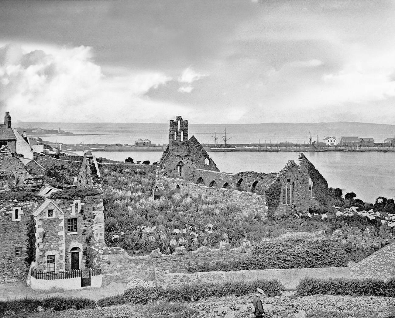 St Mary's Abbey overlooking Howth Harbour, Dublin.