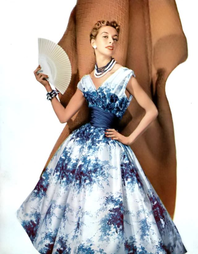 Marie-Thérèse in a silk floral print dress by Pierre Balmain, 1954.