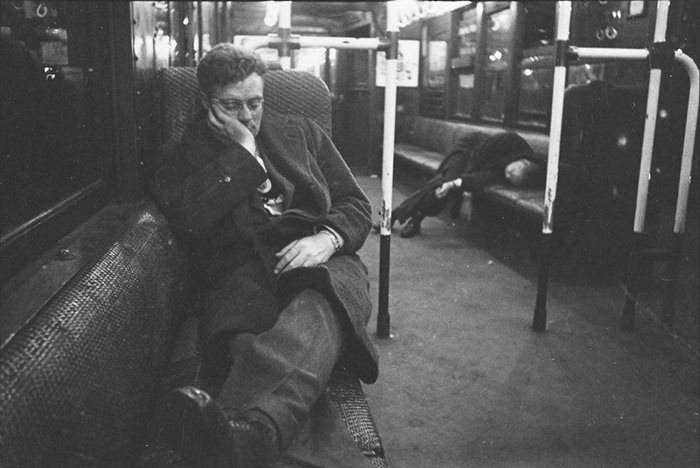 Men sleeping in a subway car, 1946.