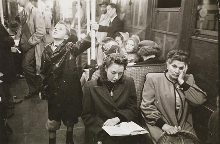 Passengers in a subway car, 1940s.