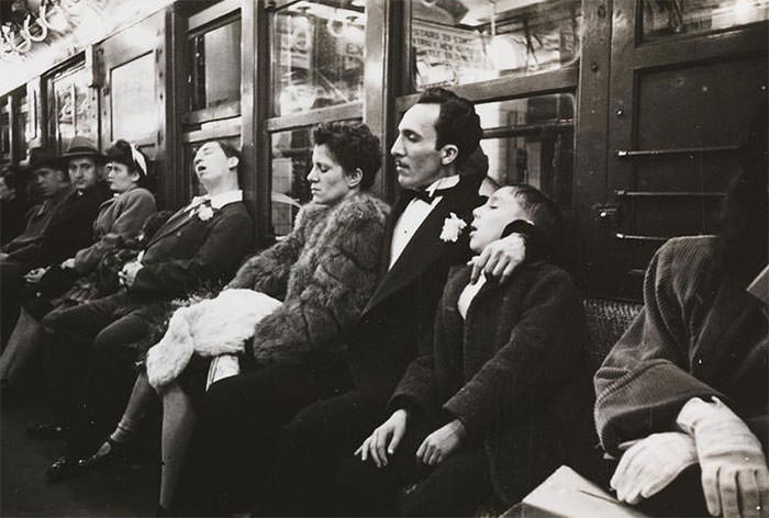 Passengers in a subway car, 1940s.