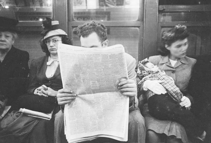 Passengers in a subway car, 1946.