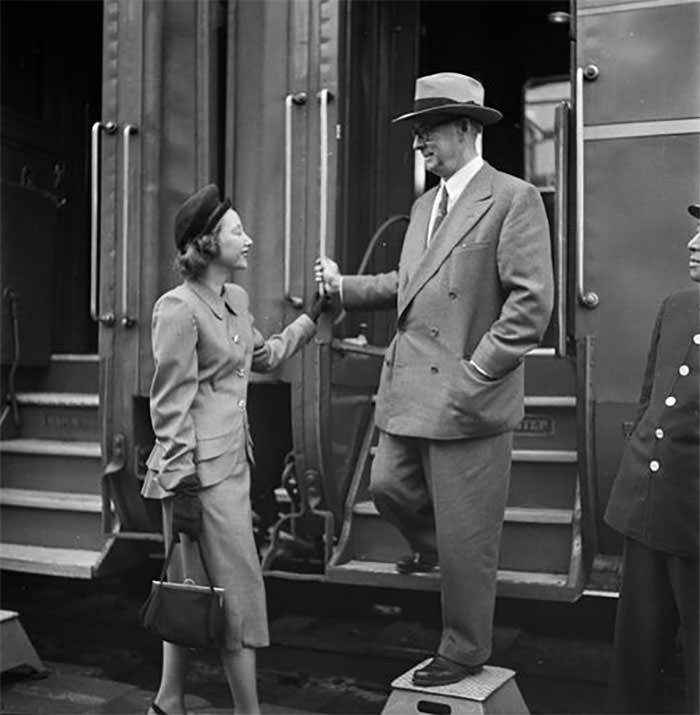 A man exiting a train, 1948.