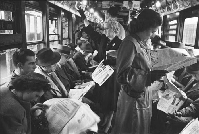 Passengers in a subway car, 1946.