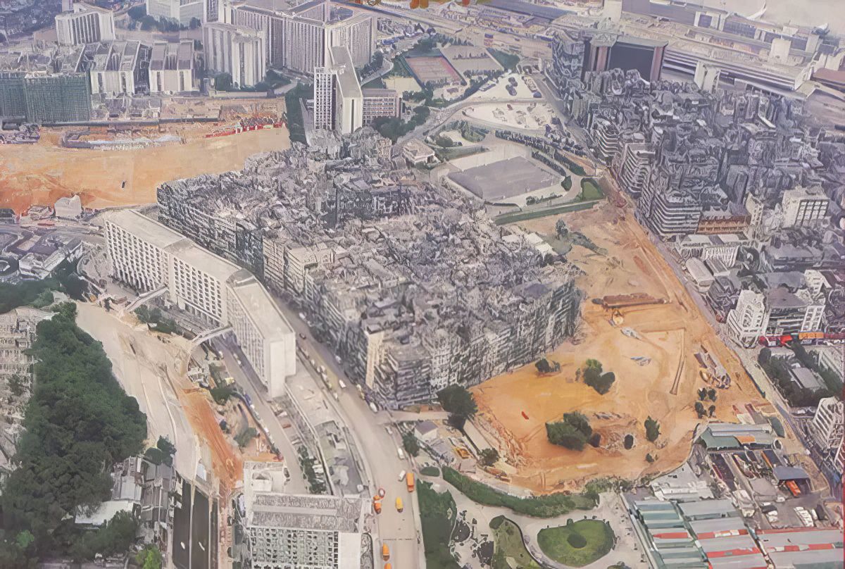 An aerial shot of Kowloon Walled City, a dense metropolis packed into 6.4 acres.