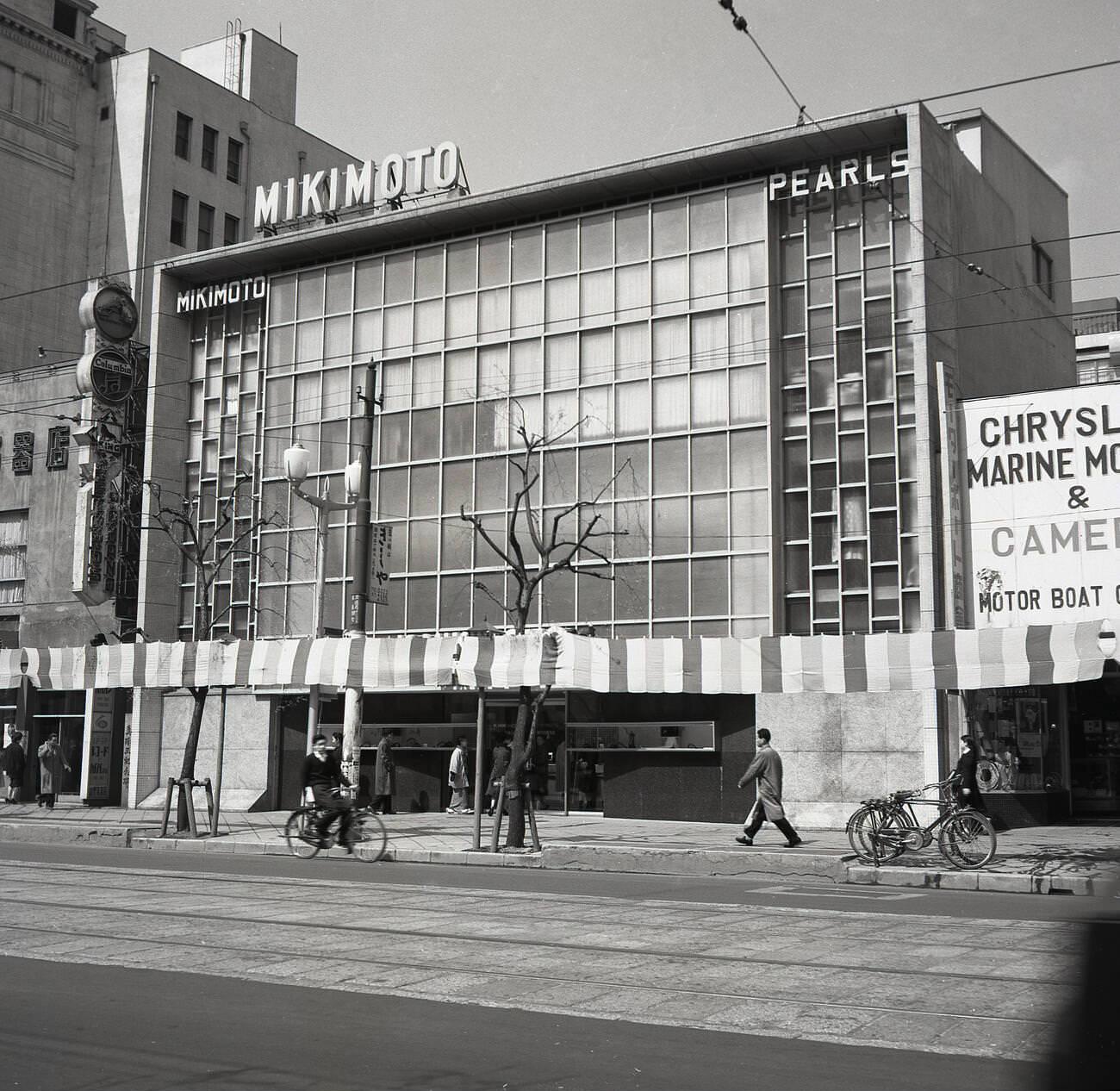 The exterior of the Japanese pearl company, Mikimoto, 1950s.