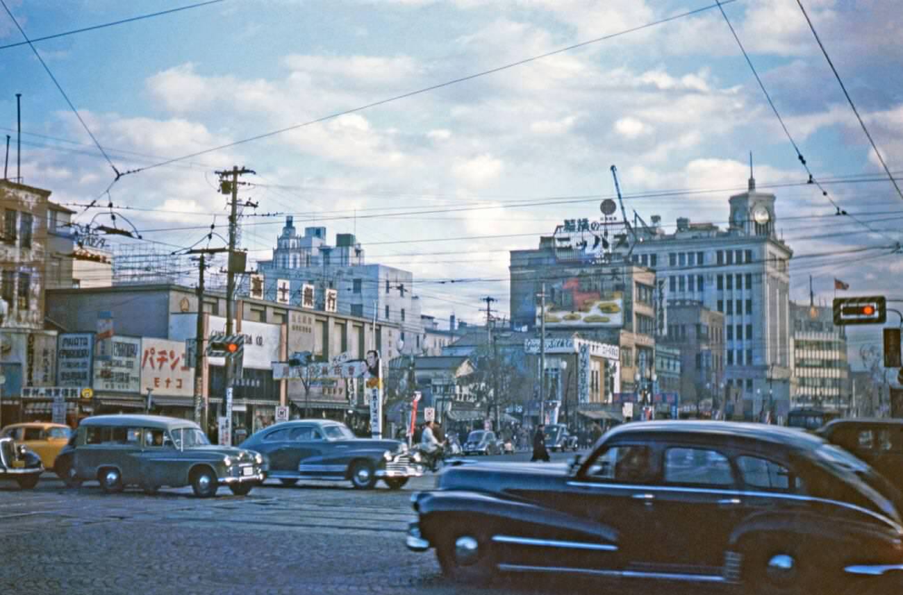 Traffic in a busy street in downtown Tokyo, 1952.