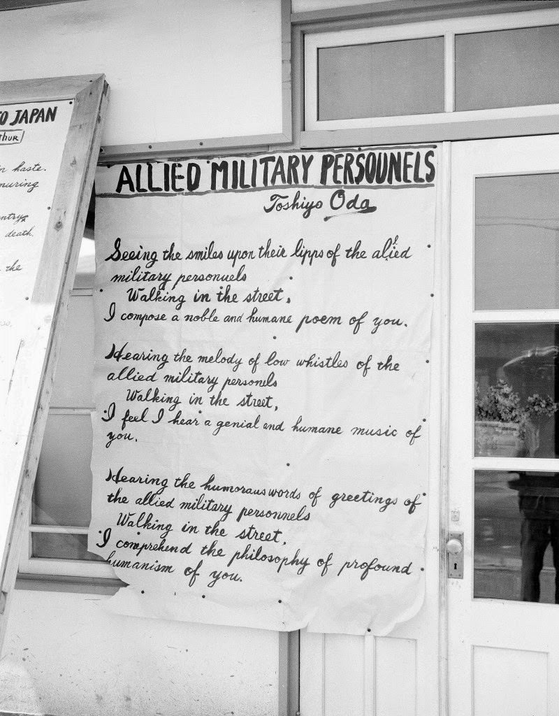 Shown are some of the signs displayed by Toshiyo Oda, a Tokyo contractor who has been running a one man campaign, “MacArthur For President,” to attract attention to himself and his organization from the Allied personnel in Tokyo, 1948.