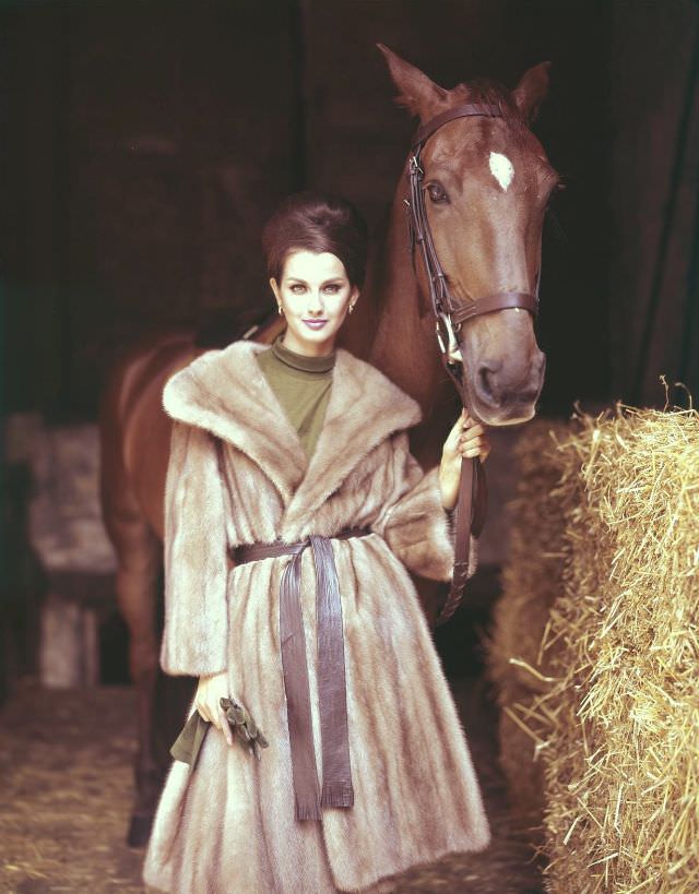 Veronica Hamel in an EMBA mink coat by Donald Brooks, 1964.