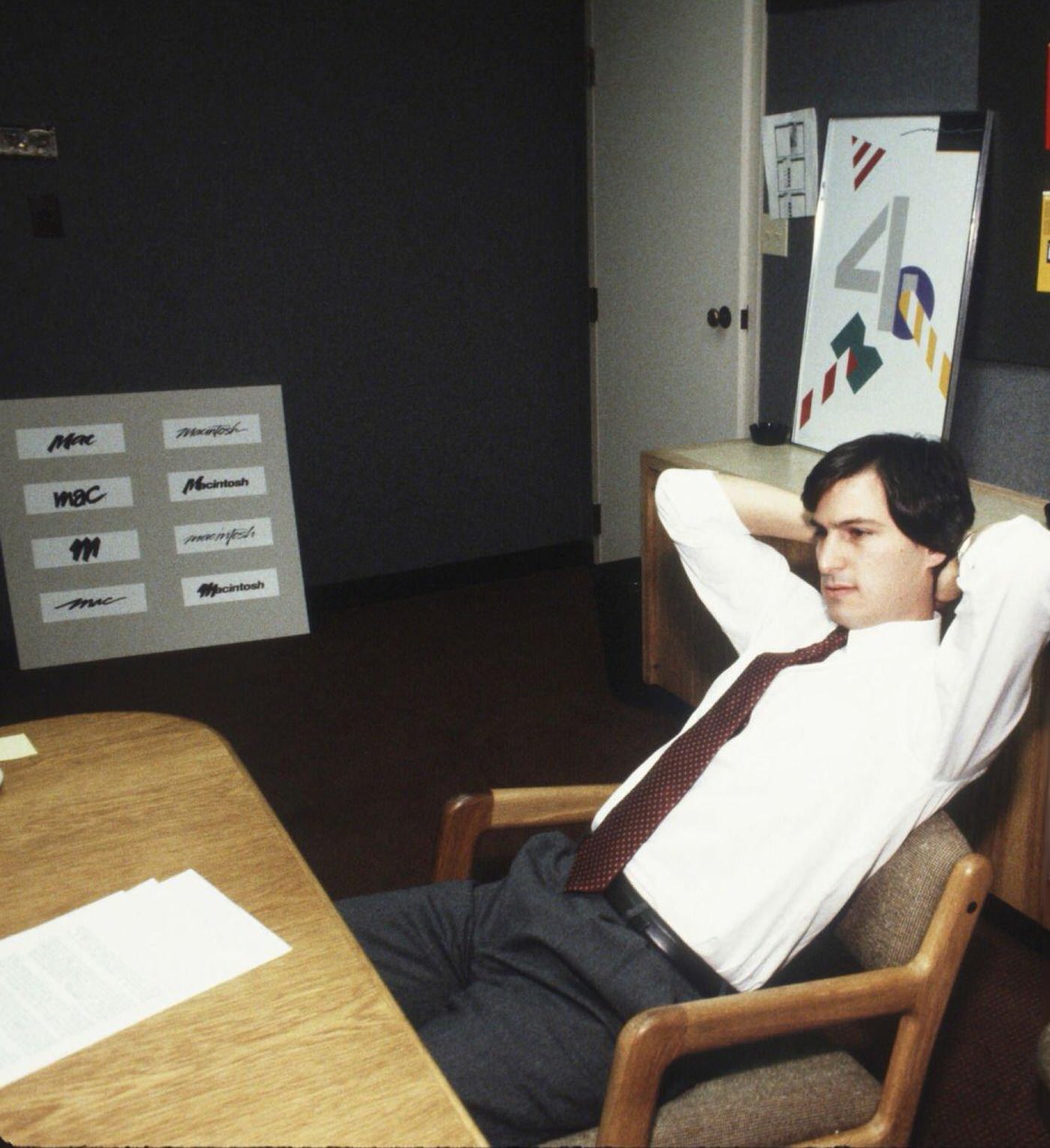 Steve Jobs sitting in an office at Apple Computer Co., 1982.