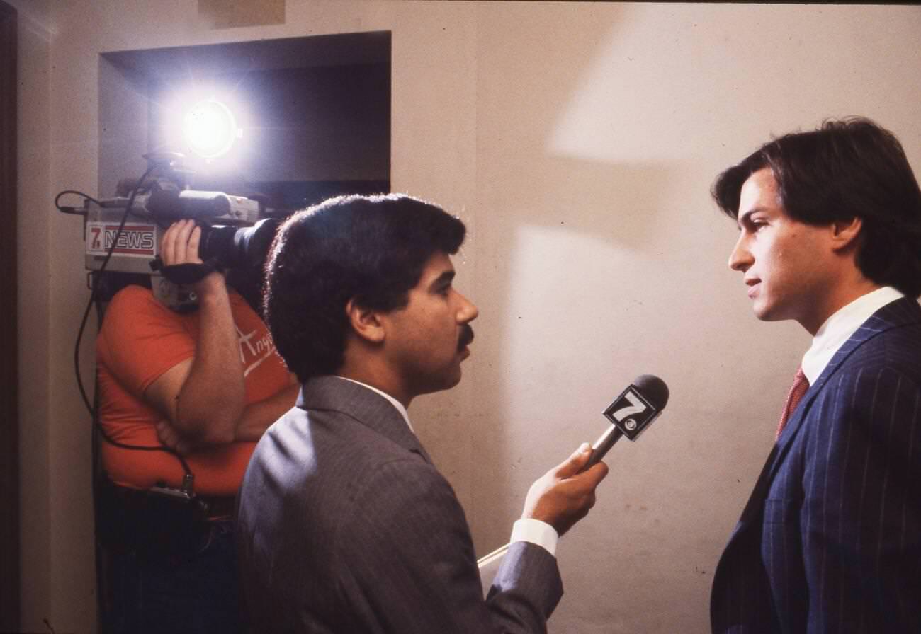 Steve Jobs being interviewed before his speech at the University of Texas student union, 1985.