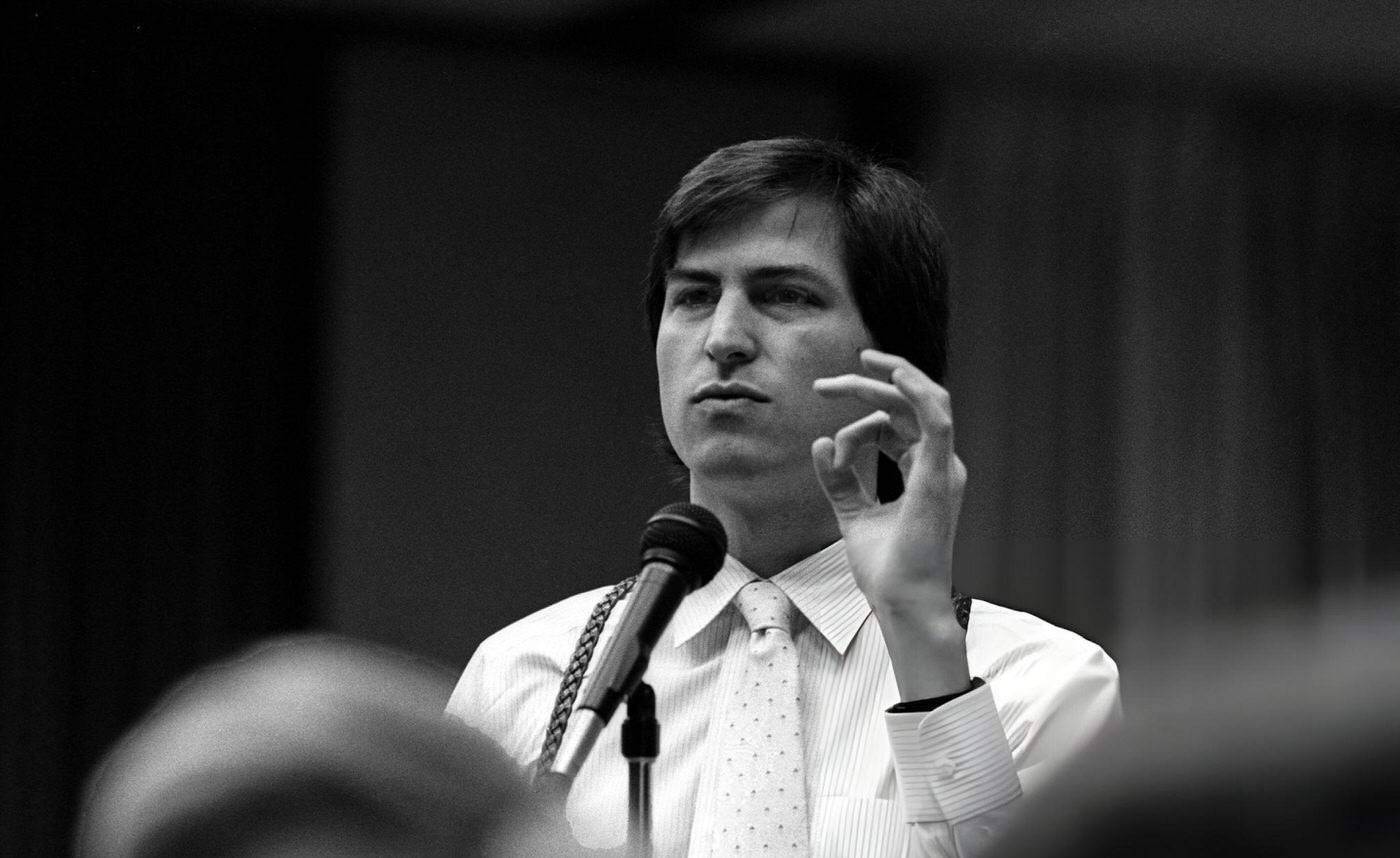 Steve Jobs speaking at the annual PC Forum in Phoenix, Arizona, 1985.