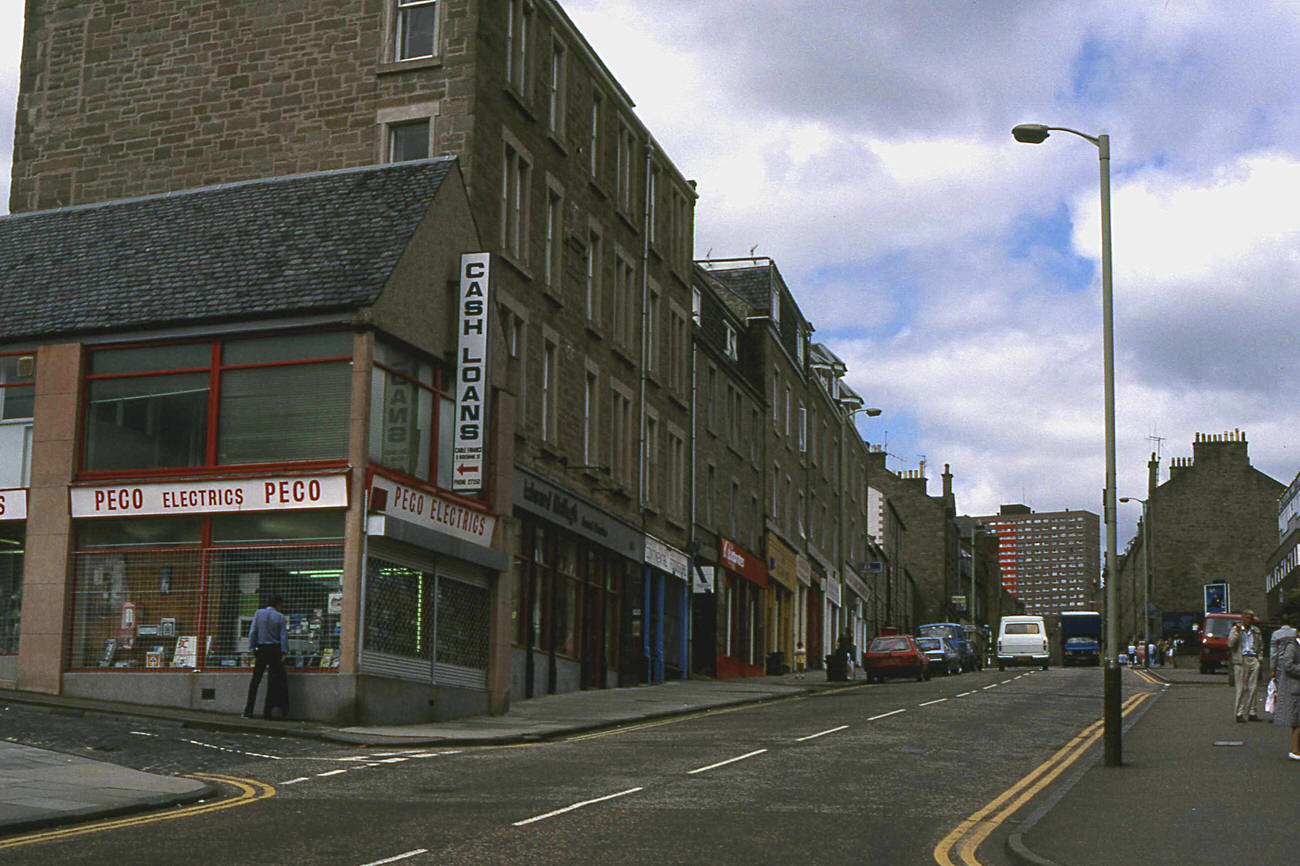Rosebank Street runs off to the left in this view of the central part of the Hilltown, 1985.