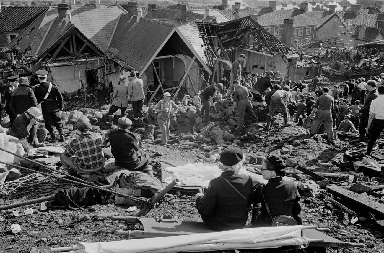 Mud and devastation caused by mining spoil from the hillside engulfing the Pantglas Junior School, 1966.
