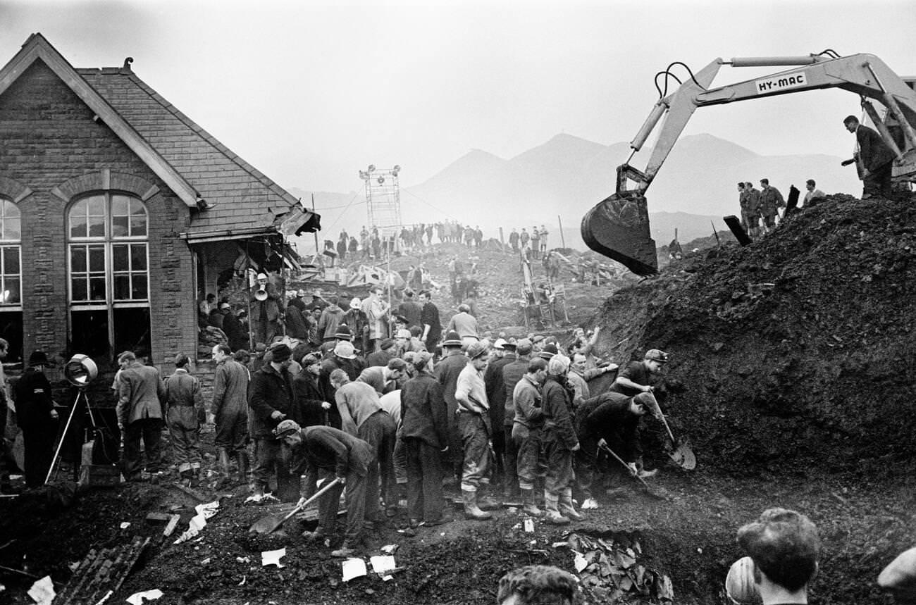 Mud and devastation caused by mining spoil from the hillside engulfing the Pantglas Junior School, 1966.