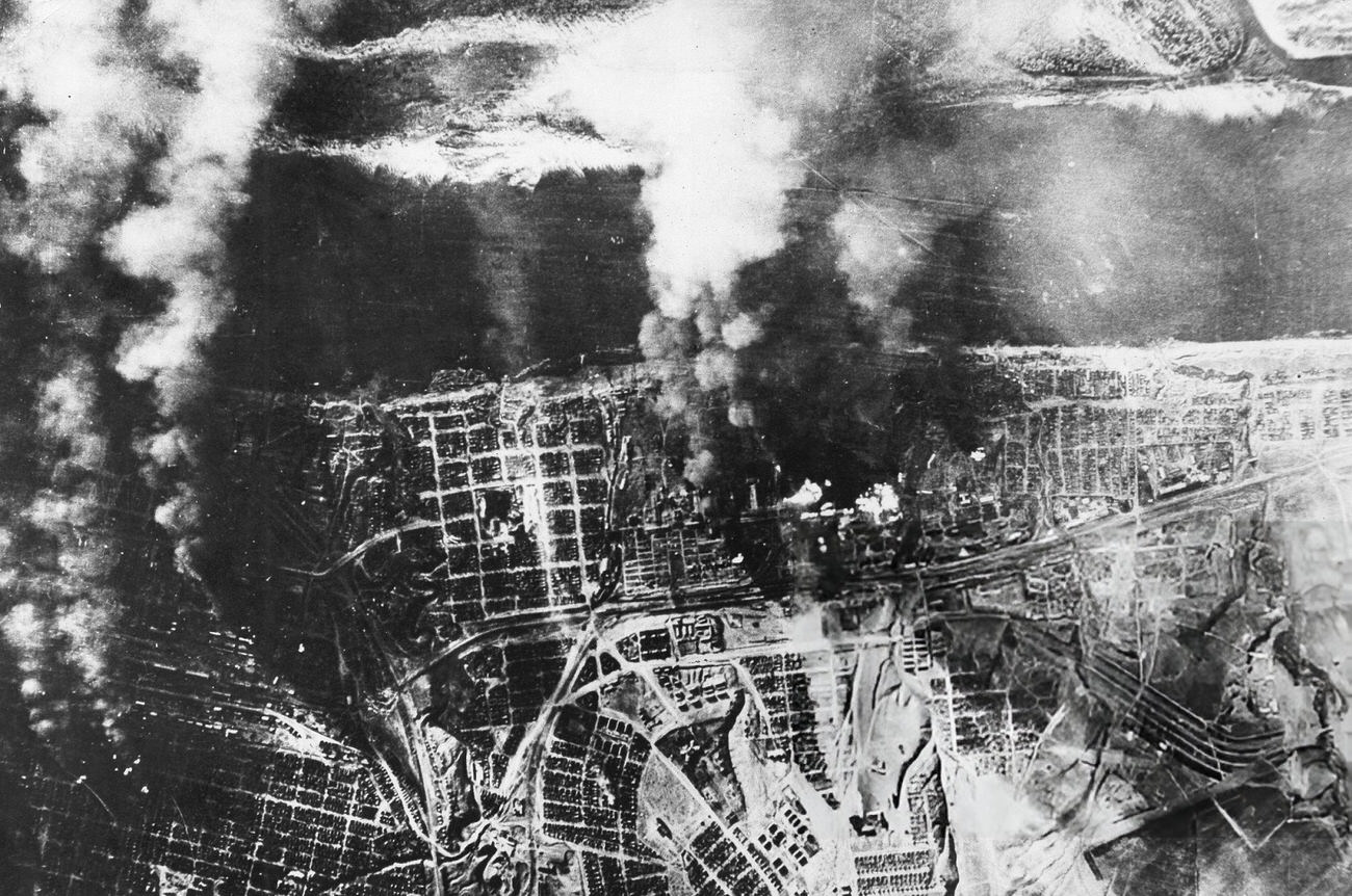 Aerial view of Stalingrad during a German military air raid, 1942.
