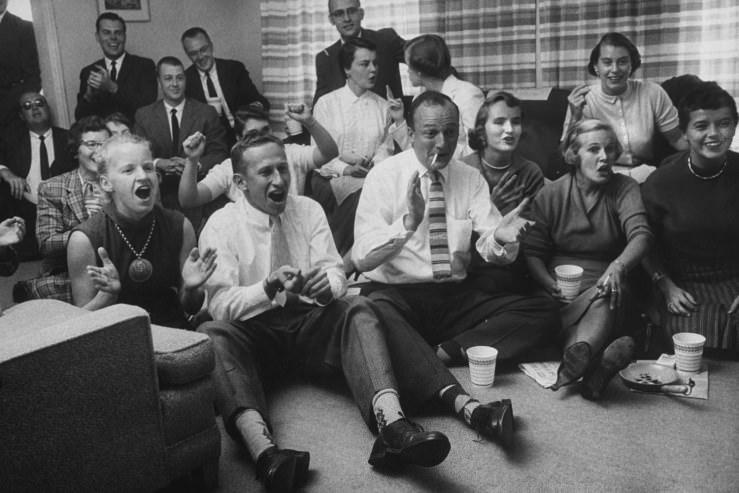 Milwaukee fans watch the 1957 World Series, when their Braves beat the Yankees in seven, behind three complete-game victories by the gutsy Lew Burdette