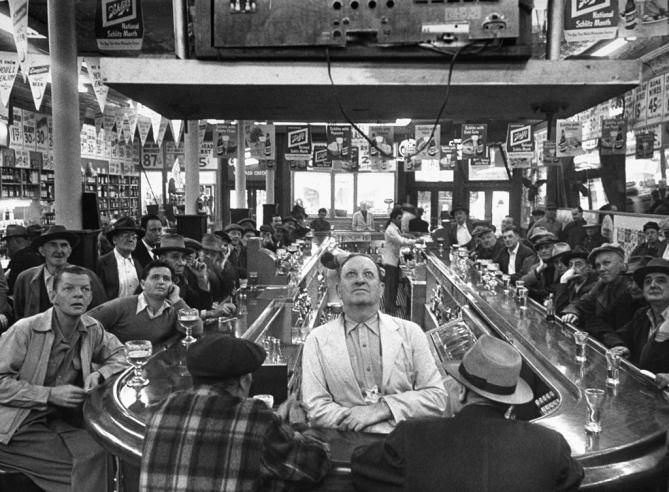 A rapt audience in a Chicago bar watches the 1952 World Series between the Dodgers and Yankees. (The Yankees won)