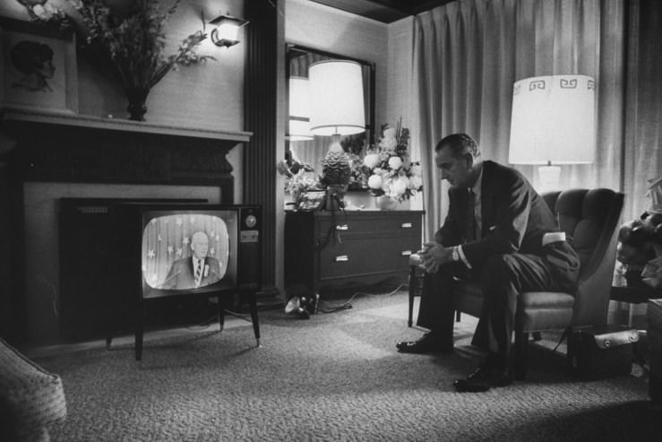 Eventual VP candidate Lyndon Johnson watches TV during the 1960 Democratic National Convention in Los Angeles