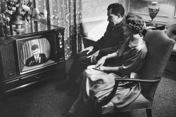 Vice President Richard Nixon and his wife, Pat, watch the 1960 GOP convention in Chicago from their hotel suite
