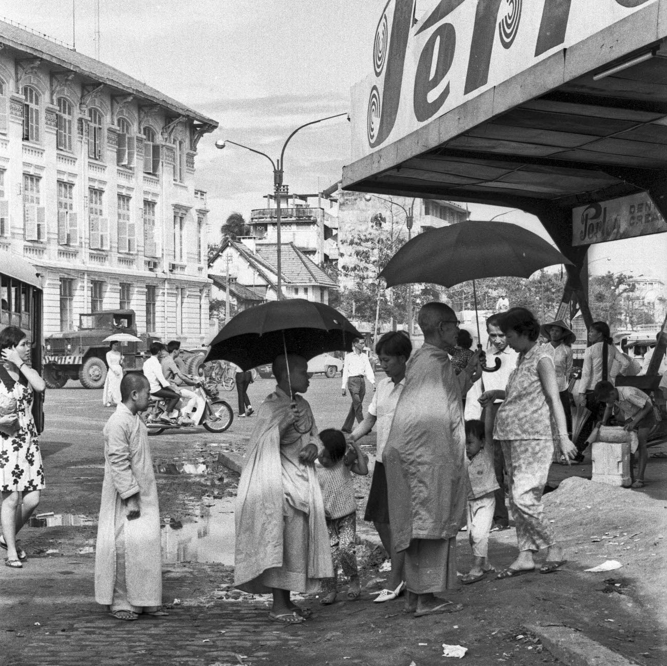 Monks at a bus station in Saigon, 1968.