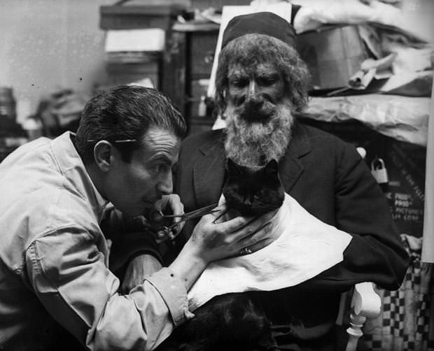 Feline film star "Tibby" rests on the knee of Abraham Sofaer, 1932.