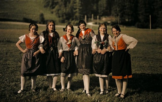 Girls posing on holiday in a Styrian mountain village, Austria, 1932.