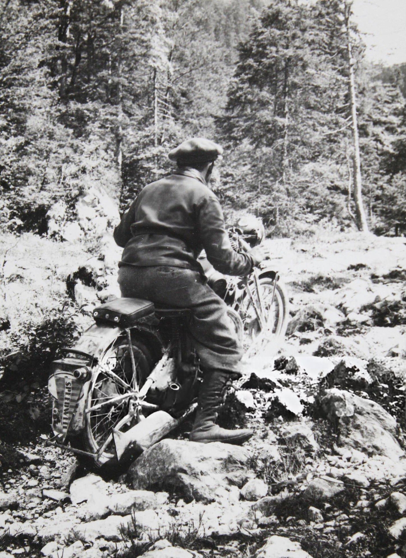 Motorcycle pioneers on a difficult path in the mountains, Dachstein, 1930.