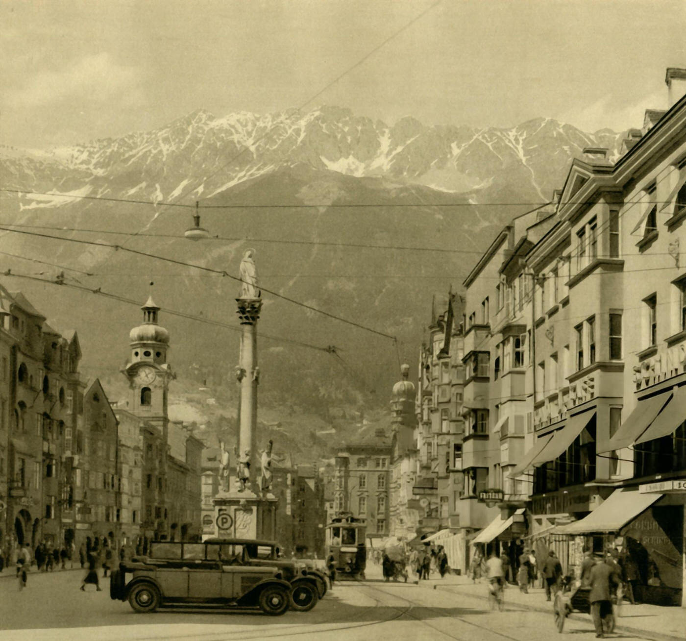 Maria-Theresien-Strasse, with a view of St Anne's Column and the Alps beyond, Innsbruck, Austria, 1935.
