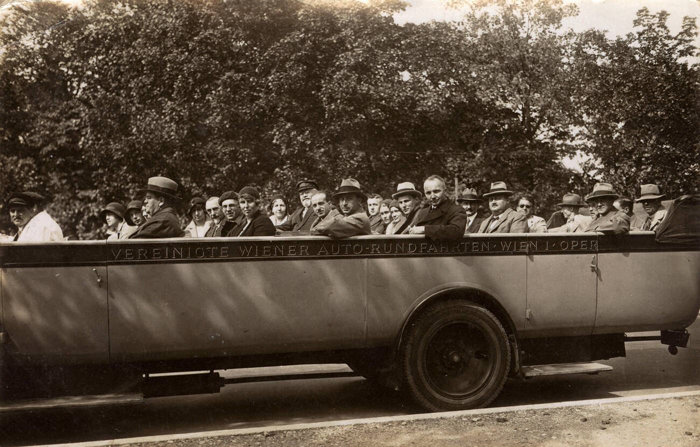 People in a large charabanc, Vienna, Austria.