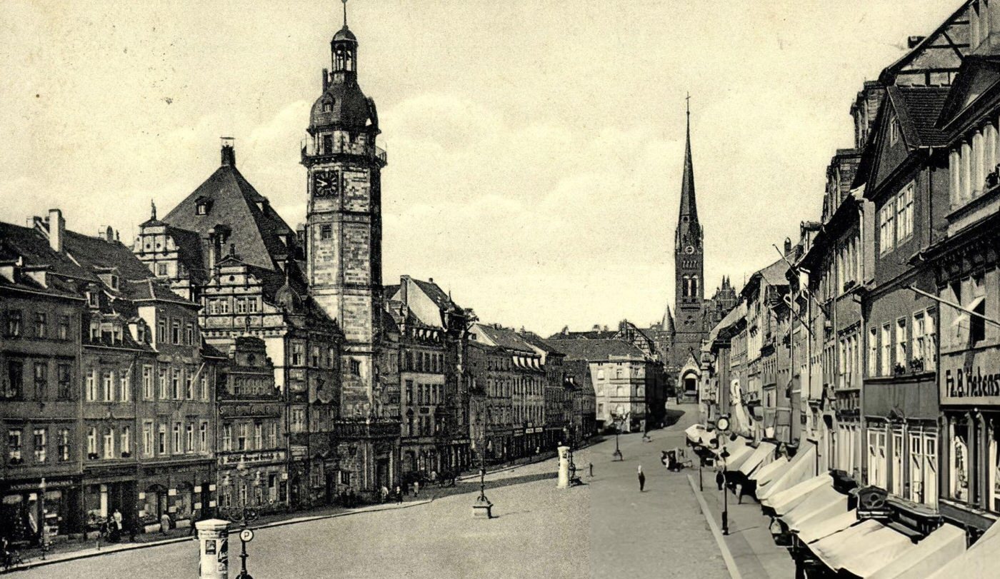 Altenburg marketplace, shops, town hall, and church, Thuringia, Germany.