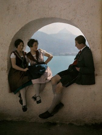Young Austrians perched in a wall arch, Austria, 1929.